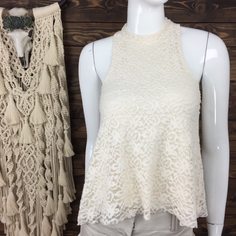 Hollister | Flowy Plush Lace Mesh Halter Cream